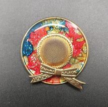 Vtg Brooch Gold Tone Hat Colorful Enamel Rainbow Brim Bow Screen Beautif... - $14.99
