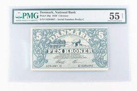 1920 Denmark 5 Kroner Note (AU-55 NET PMG) National Bank Danmark Five Kr P-20g - £415.48 GBP