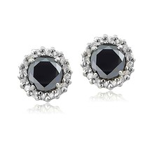 14K White Gold Plated 1.15 CT Simulated Black Diamond Halo Women&#39;s Stud Earrings - £36.93 GBP