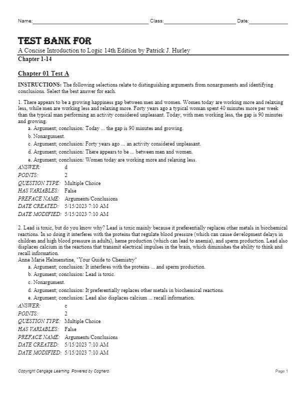Test Bank For A Concise Introduction to Logic 14th Edition by Patrick J.... - $17.99