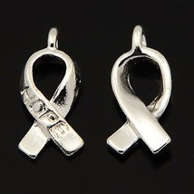 Cancer Awareness Charms Hope Ribbon Pendants Shiny Silver Tone Fundraising 10pcs - £2.08 GBP
