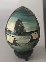 Vintage Russian Painted Wooden Egg on Stand Snow scene *shipping included!* - $20.36