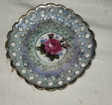 Japan MAde LAce Edge Saucer Rose Iridescent Shiny 6 Inch Gold Rim - $12.99