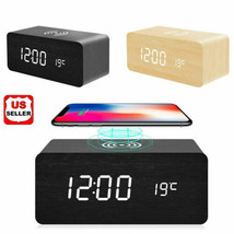 Modern Wooden Wood Digital LED Desk Alarm Clock Thermometer Qi Wireless ... - £19.23 GBP