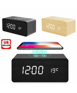 Modern Wooden Wood Digital LED Desk Alarm Clock Thermometer Qi Wireless ... - £19.35 GBP