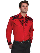 Men&#39;s Western Shirt Long Sleeve Rockabilly Country Cowboy Red black Floral - £73.11 GBP