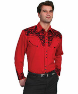 Men's Western Shirt Long Sleeve Rockabilly Country Cowboy Red black Floral - $90.97