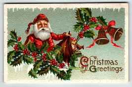 Santa Claus Christmas Postcard Bells Holly Leaves Embossed Barton &amp; Spoo... - £13.04 GBP