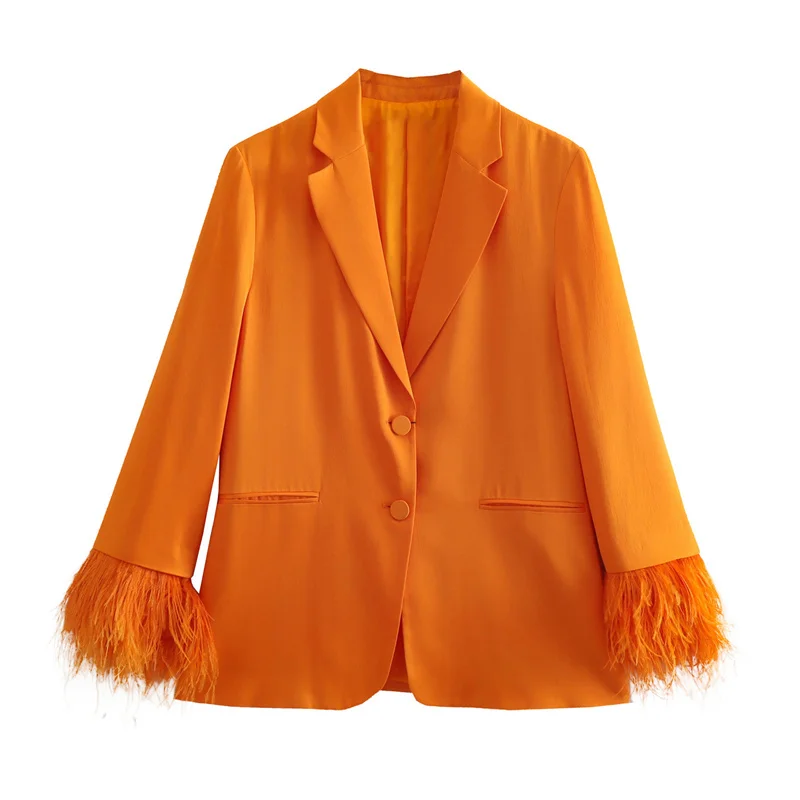 IEQJ Woman Elegant Orange Fur Patchwork Blazer  Summer Chic Female Solid Button  - £127.04 GBP