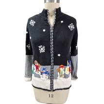 90s Dressbarn Fuzzy Knit Sweater - Snowman &amp; Snowflakes Zip Front S - $42.77