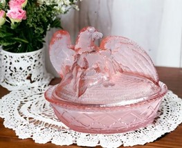 Vintage Pink Glass Nesting Eagle on Nest Figural Candy Dish Box 6&quot; H x 7.25&quot; L - £29.28 GBP