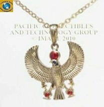 Egyptian Winged Scarab Horus With Ankh Talons And Red Gem Necklace Pendant - $14.99