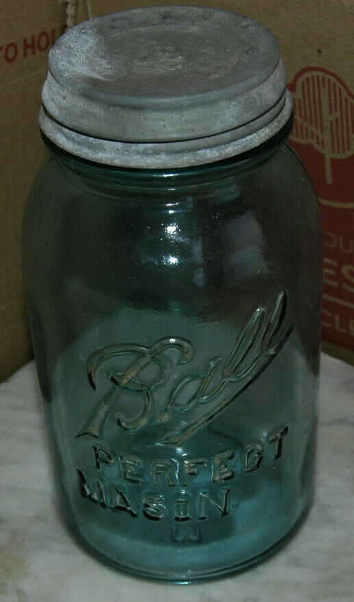 Primary image for Vintage Blue Ball Perfect Mason  Quart #4C Jar Canning Kitchen Zinc Lid