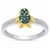 0.20Ct Blue &amp; White Simulated Diamond Penguin Ring 14K white Gold Plated Silver - £84.58 GBP