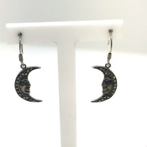 Vintage Sign Boma Sterling Half Moon Face Marcasite Accent Dangle Hook Earrings - £30.86 GBP