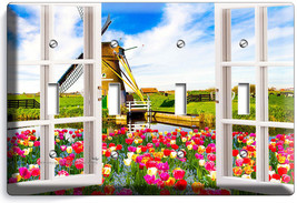 Window View Windmill Tulips Farm Field 4 Gang Light Switch Wall Plate Room Decor - £14.70 GBP