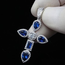14K White Gold Over 2.20Ct Pear Cut Sapphire Simulated Cross Pendant Women Gift - £71.63 GBP
