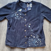 New Basic Editions Size L Bird Print Navy Blue Fleece Button Up Pocketed... - $16.82