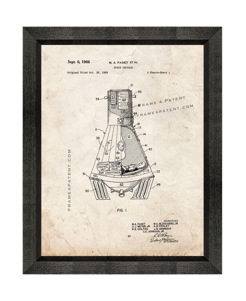 Space Capsule Patent Print Old Look with Beveled Wood Frame