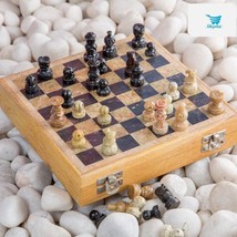Stone Chess Board with Wooden Base Set with Handcrafted Natural Stone Chess Pcs - £39.56 GBP