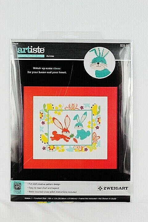 Zweigart Artiste Counted Cross Stitch Bunnies Rabbit Flowers Needle Art Kit - £18.59 GBP