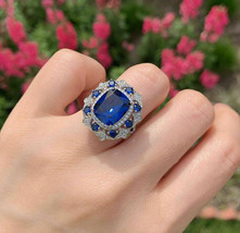 4Ct Cushion Cut CZ Blue Sapphire Halo Engagement Ring 14K White Gold Finish - £101.89 GBP