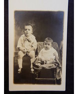 Vintage PHOTO POST CARD 5.5”x3.5” 2 Young Boys on Chair Bench large Bow Tie - £5.15 GBP