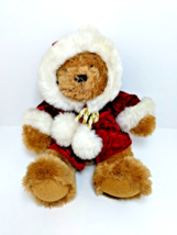 Just Friends 14&quot; Fuzzy Brown Christmas Bear Velvet Robed Gold Pom Pom Santa Hat - £14.52 GBP