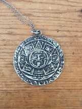 Vtg Sterling Silver 925 Mexico Aztec Mayan Incan Calendar Pendant 1.5&quot; Necklace - £98.29 GBP