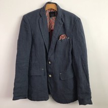 Zara L Jacket Linen Blue Collar Blazer Button Casual Sports Coat Pocket Square - £44.09 GBP