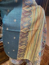 Vintage Style Turquoise Knit Brocade Paisley Pashmina Scarf Wrap - £35.29 GBP