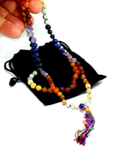 Seven Chakra Gemstone Mala Japa Prayer Beads Health Happiness Charged Gem &amp; Bag - £20.31 GBP