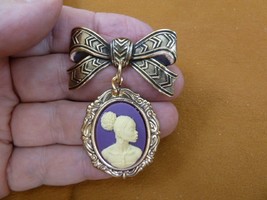 CA10-150 RARE African American LADY purple + ivory CAMEO brass bow Pin Pendant - £26.38 GBP