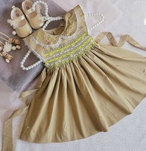 Honey Wheat Lace Smocking Toddlers Dress. Smocked Embroidered Baby Girl Dress. - £31.35 GBP