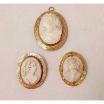 3 ANTIQUE 10 K YELLOW GOLD CARVED SHELL CAMEO PINS/PENDANTS SKY - $9,483.08 MXN