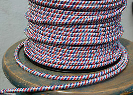 Red White &amp; Blue Cloth Covered 3-Wire Round Cord, Lamp Pendant Light Vintage Fan - £1.32 GBP