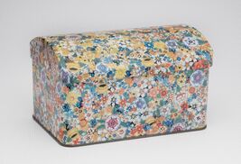 VINTAGE DAMER FLORAL GOLD ENAMEL CONTAINER TIN CANISTER MADE IN ENGLAND ... - $14.84