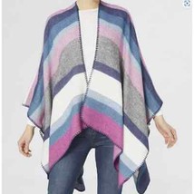 Bright Blue Grey White Pink Stripe Whipstitch Shawl Wrap Ruana - £40.44 GBP