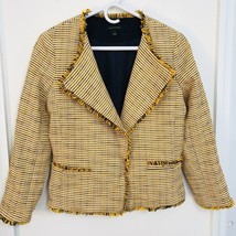 Ann Taylor Womens Yellow Navy Blue Tweed Fringe Open Front Blazer Jacket... - £18.43 GBP