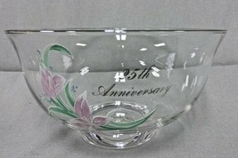 Fenton Crystal 25th Anniversary 8&quot; Bowl Pink Lily Flowers Silver Letters Rim Tag - £19.51 GBP