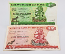 Zimbabwe Banknotes 5 Dollars 1980  P-2 &amp; 10 Dollars 1994 P-3 ~ Circulated - £23.52 GBP
