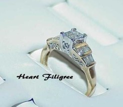 14K .50Ct Princess Diamond Solitaire Heart Filigree Ring Size 5.75 Ornate Vintg - £316.53 GBP