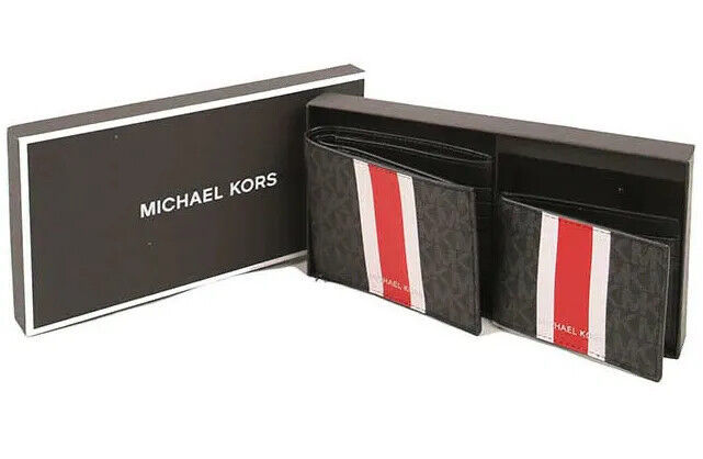 Primary image for Michael Kors Billfold Wallet Box Set Black Flame Red Logo 36H1LGFF1B NIB $178