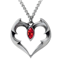 Alchemy Gothic Batheart Bat Wing Heart Red Crystal Pendant Necklace Romance P900 - $27.90