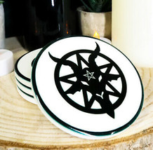 Satan Baphomet Sigil Pentagram Ceramic Coaster Set of 4 Tiles With Cork Backing - £23.31 GBP