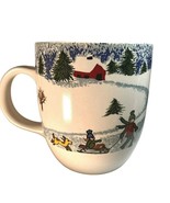 Big Christmas Coffee Cup Mug Folkcraft Stoneware Children on Sled Red Ba... - £11.08 GBP