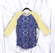 LuLaRoe T-shirt Randy Womans Small Blue Purple Geo, Yellow Long Raglan Sleeves - $13.55