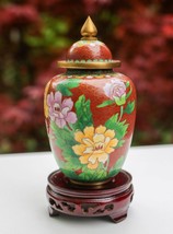 Vintage Chinese Floral Cloisonné Enameled Lidded Urn Vase On Wooden Stand - $115.45 CAD