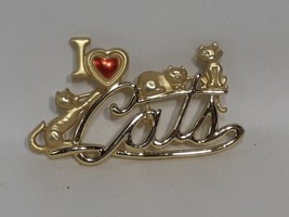 Vintage Brooch Pin I Love (Heart) Cats Cute Gold and Enamel Matte And Gloss - $6.79