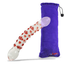LeLuv Glass Dildo Curved Slender with Red Dots Rounded Base With Padded Pounch - £19.99 GBP